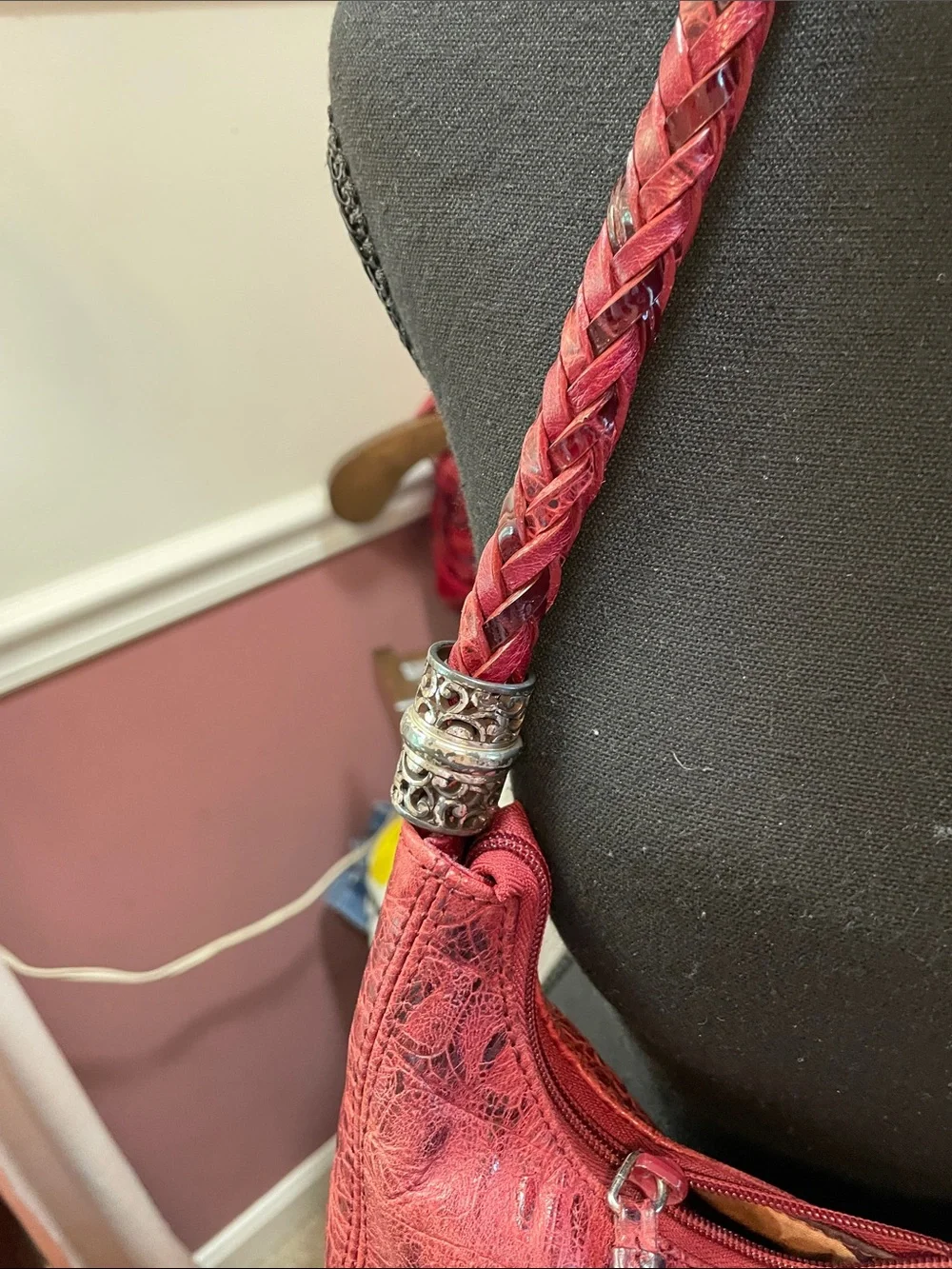 Red Textured Brighton Shoulder Bag with Heart Charms